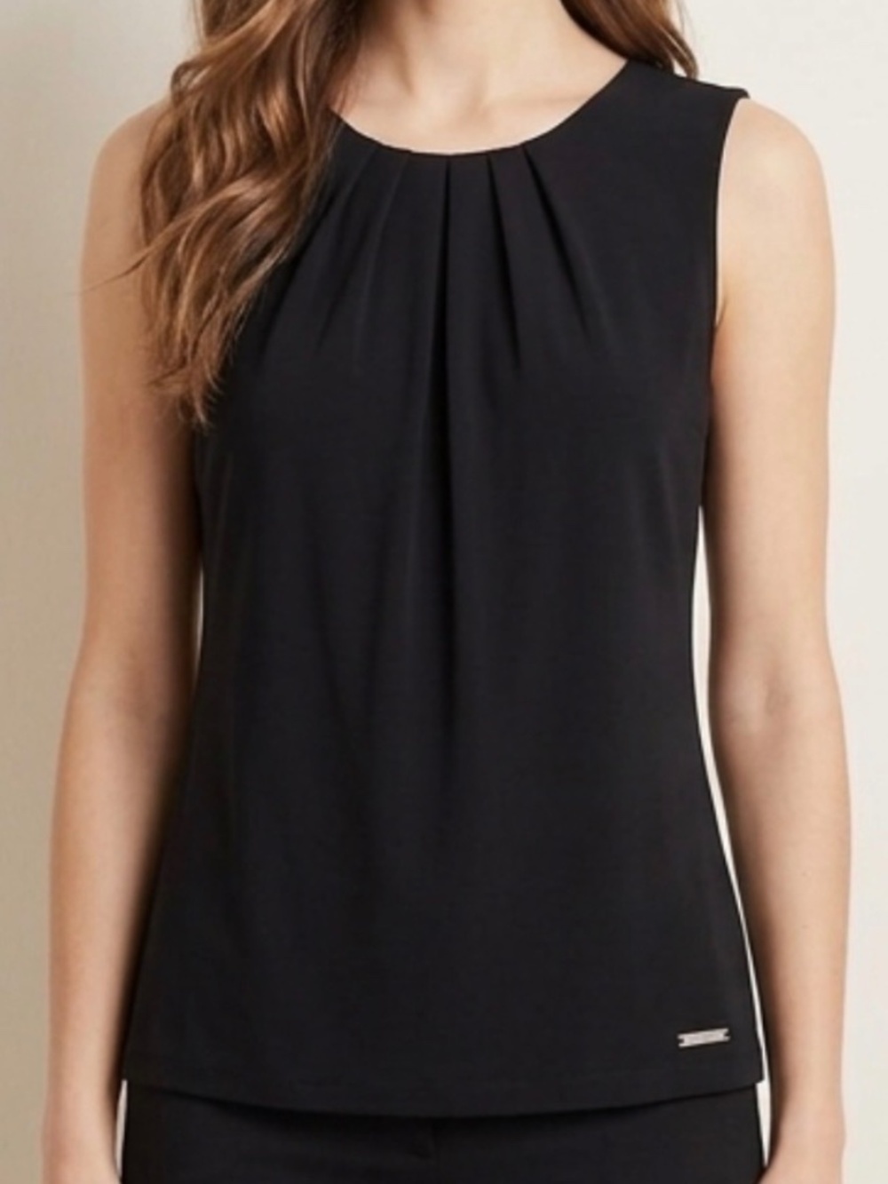 Calvin Klein Vintage Pleated Neck Sleeveless Blouse with Keyhole Back - Black